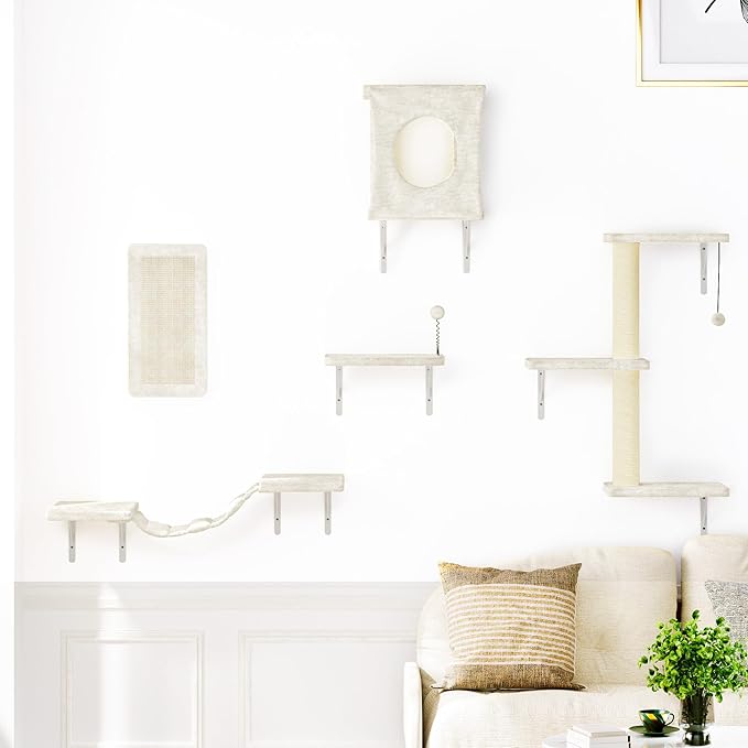 NUNU LAB Wall Mounted Cat Furniture, 5 Pcs Cat Wall Shelves with House, Bridge, Steps, Scratching Post, Shelves, Indoor Safe & Stable Furniture for Kittens Play, Beige-Mewly Pet