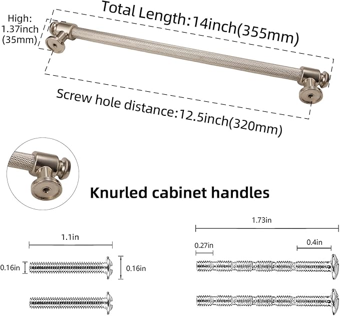 6 Pack 12-3/5 inch(320mm) Brushed Satin Nickel Kitchen Cabinet Handles Knurled Cabinet Pulls Silver Drawer Pulls Kitchen Cabinet Hardware Dresser Handles