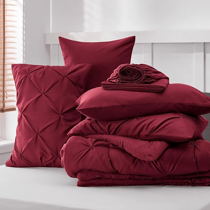 Bedsure Twin Comforter Set Dark Red - Bed in a Bag Twin Size Bedding 5 Pieces, GentleSoft™ Pintuck Bed Set Gift for Family, Pinch Pleat Dark Red Comforter with Sheets, Pillowcase & Sham