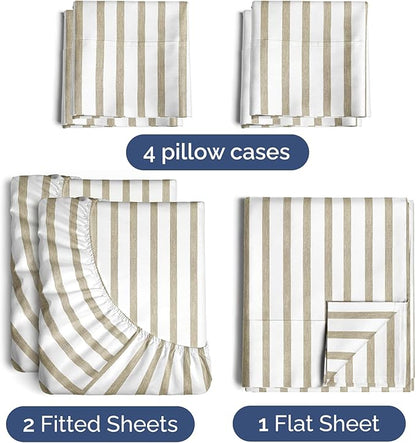 Split King 7 Piece Sheet Set - Comfy Breathable & Cooling - Soft Hotel Luxury Bedding Set w/ 8-16 Inch Deep Pockets - 1 Flat & 2 Fitted Sheet & 4 Pillowcases - Cozy & Wrinkle Free - Beige Stripes 2
