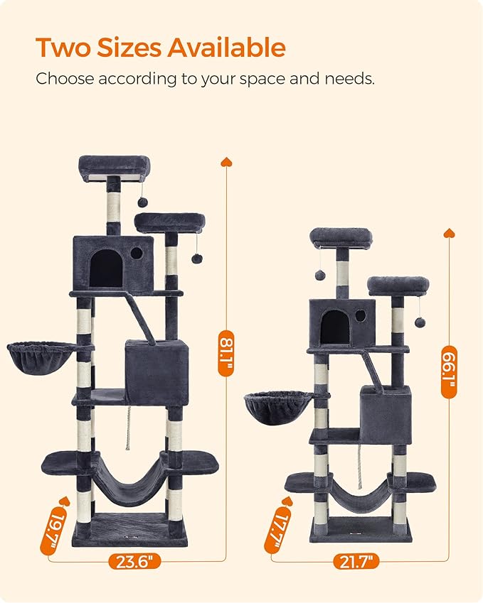 Feandrea Cat Tree, 81.1-Inch Large Cat Tower with 13 Scratching Posts, 2 Perches, 2 Caves, Basket, Hammock, Pompoms, Multi-Level Plush Cat Condo for Indoor Cats, Smoky Gray UPCT190G01-Mewly Pet