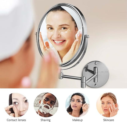 OVENTE 9" Wall Mounted Makeup Mirror with 1X/10X Magnification, Double Sided Magnifying Round Bathroom Vanity Mirror, 360° Swivel Design, Extendable and Folding Arm, Nickel Brushed MNLFW90BR1X10X