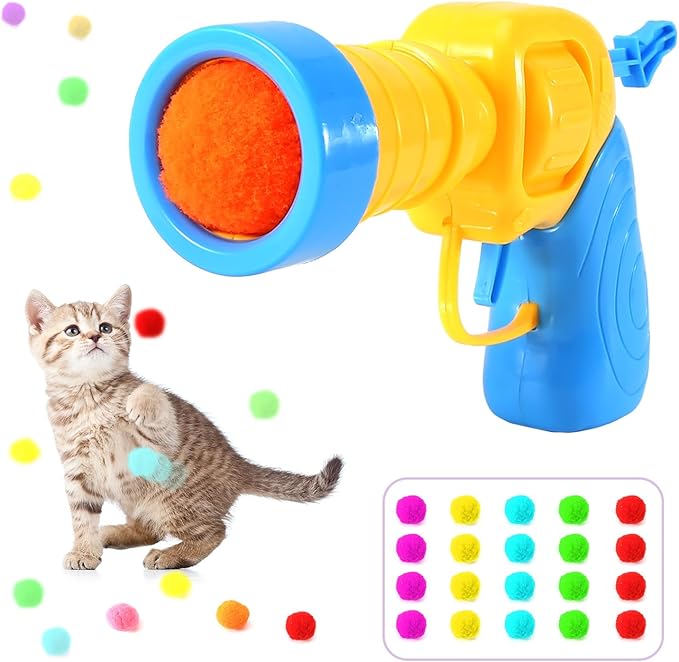 21Pcs Cat Ball Toy Launcher - Includes 20 Colorful Plush Cat Balls and Exciting Launcher Set，Funny Interactive Cat Toys for Bored Indoor Adult Cats, Cute Kitten Kitty Toys-Mewly Pet