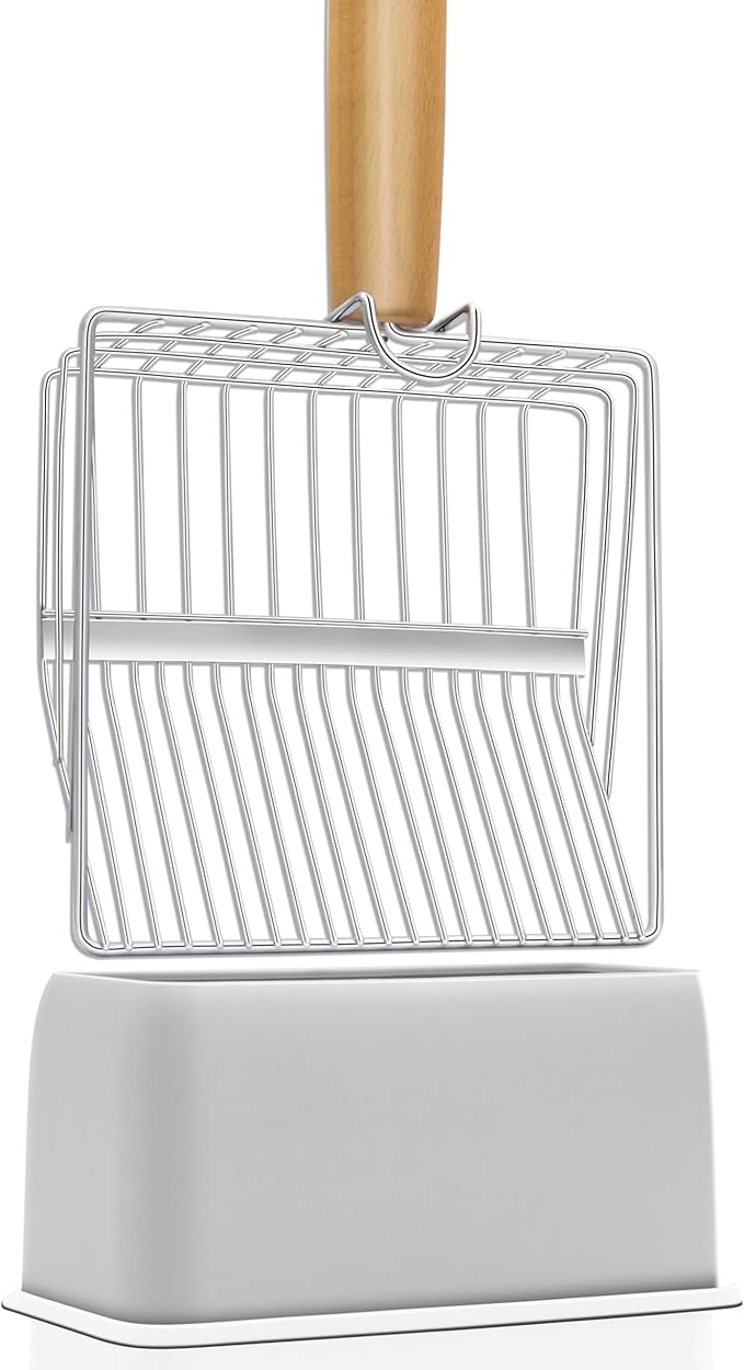 UFECODO Fast Sifting Cat Litter Scoop with Holder Stand, 2 Widths of Slots Stainless Steel Poop Scooper with Ergonomic Wood Handle, Heavy Duty and Easy Clean-Mewly Pet