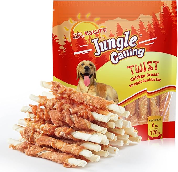 Jungle Calling Dog Treats, Chicken Wrapped Rawhide Sticks for Dogs, Delicious and Nutritious Training Reward Treats and Dog Chews Snacks, 6 oz-Mewly Pet