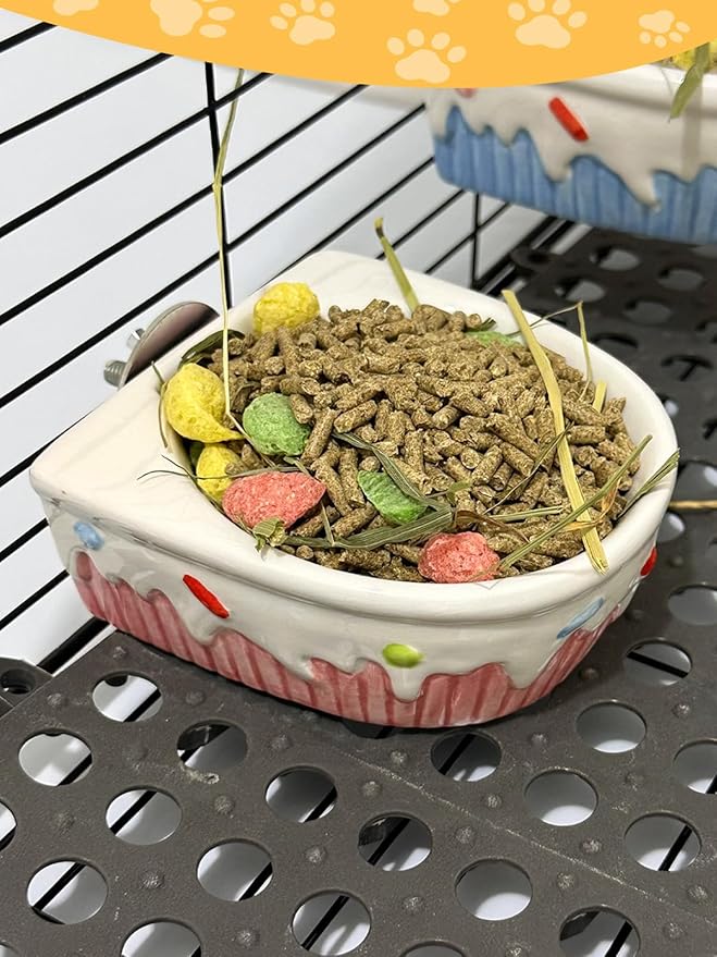 Chinchilla Food Bowl Ceramic Guinea Pig Cage Feeder Hanging Bunny Food Dish Small Animal Feeding Bowls for Syrian Hamster Ferret Gerbils (Pink)-Mewly Pet