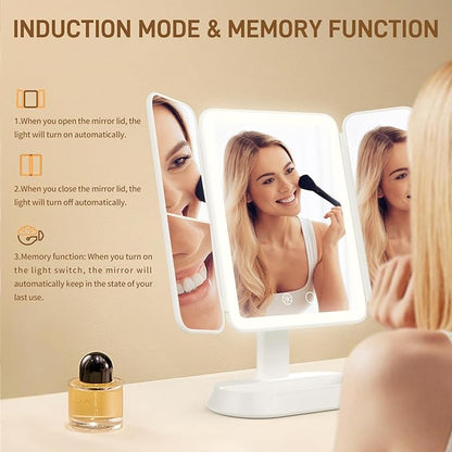 Vanity Mirror with Lights - Rechargeable Lighted Makeup Mirror | 1X/3X/5X Magnification, Smart Touch, 3 Colors Dimmable | Portable Trifold Mirror for Travel for Women and Girls