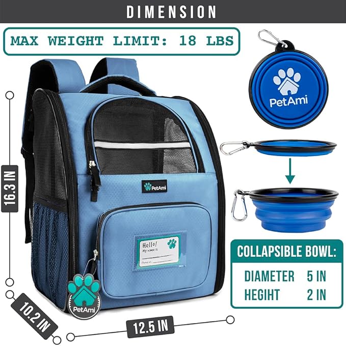 PetAmi Dog Backpack Carrier for Small Large Cat, Pet, Puppy, Ventilated Pet Hiking Backpack Travel Bag, Airline Approved Cat Backpack Carrier, Camping Biking Dog Bag Up to 18lbs Pet, Light Blue-Mewly Pet