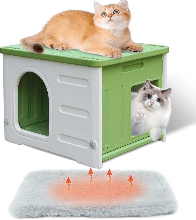 Rockever Plastic Cat House Outdoor with Escape Door, Waterproof Feral Cat House Outdoor Indoor, Sturdy Cat House for Outdoor Cats with Cat Bed Mat, Assemble Easily-Green-Mewly Pet