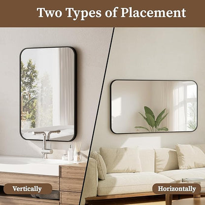 BEAUTYPEAK 26" x 38" Rectangular Aluminum Alloy Frame Wall Mounted Bathroom Mirror with Rounded Corners, Black