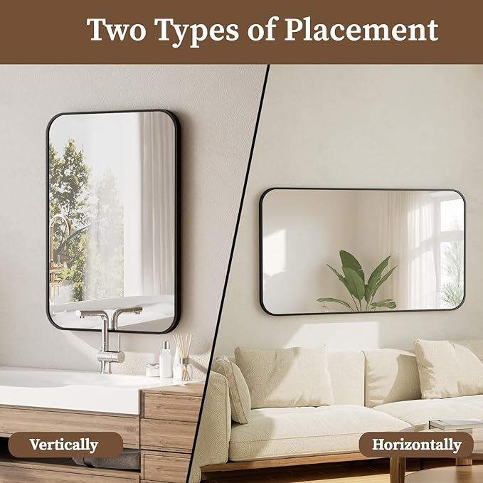 BEAUTYPEAK 24" x 36" Rectangular Aluminum Alloy Frame Wall Mounted Bathroom Mirror with Rounded Corners, Black