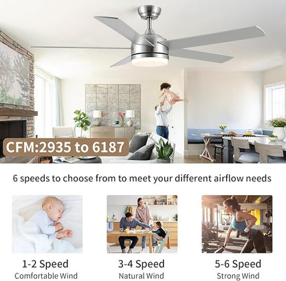 YUHAO 60 Inch Brushed Nickel Ceiling Fan with Light and Remote Control.Noiseless,Dimmable,3CCT,6 Speeds Reversible, DC Ceiling Fans for Indoor or Covered Outdoor