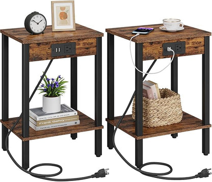 VIMBER Set of 2 End Table with Charging Station, Narrow Side Table with USB Ports and Outlets, Nightstands with 2-Tier Storage Shelves, Sofa Table for Small Space Living Room Bedroom