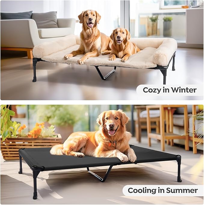 Veehoo Cooling Elevated Dog Bed with Fluffy Plush Bolster Cushion, Indoor Raised Dog Beds for Large Dogs, Soft Pet Sofa Cot with Removable Washable Mat, No-Slip Feet, 59 x 37 inches, Cream White-Mewly Pet