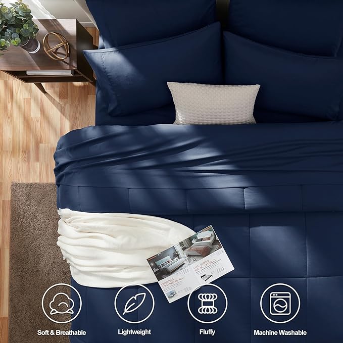 CozyLux Full Size Comforter Sets Navy Blue, 7 Pieces Bed in a Bag, Navy Comforter Full Size, All Season Bedding Sets with Stitch Quilted Comforter, Flat Sheet, Fitted Sheet, Pillowcases