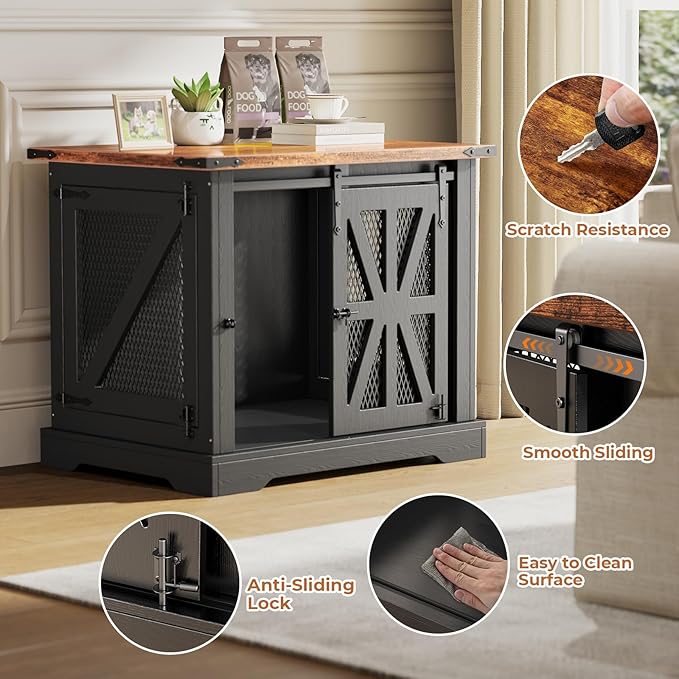 VOPEAK 27.5" Small Dog Crate Furniture, Chew Resistant Dog Crate for Puppy Dogs, Heavy Duty Small Dog Crate Dog Kennel Indoor with Double Doors, Wooden End Table for Bedroom Living Room, Black-Mewly Pet