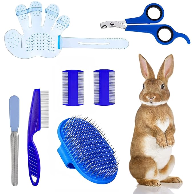 7-Piece Small Pet Grooming Kit with Brush, Nail Clippers, and Adjustable Strap for Rabbits, Hamsters, Guinea Pigs (Blue)-Mewly Pet
