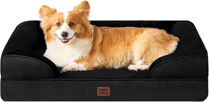 EHEYCIGA Orthopedic Dog Beds for Large Dogs, Waterproof Memory Foam Large Pet Bed with Sides, Non-Slip Bottom and Egg-Crate Foam Dog Couch Bed with Washable Removable Cover, Black-Mewly Pet