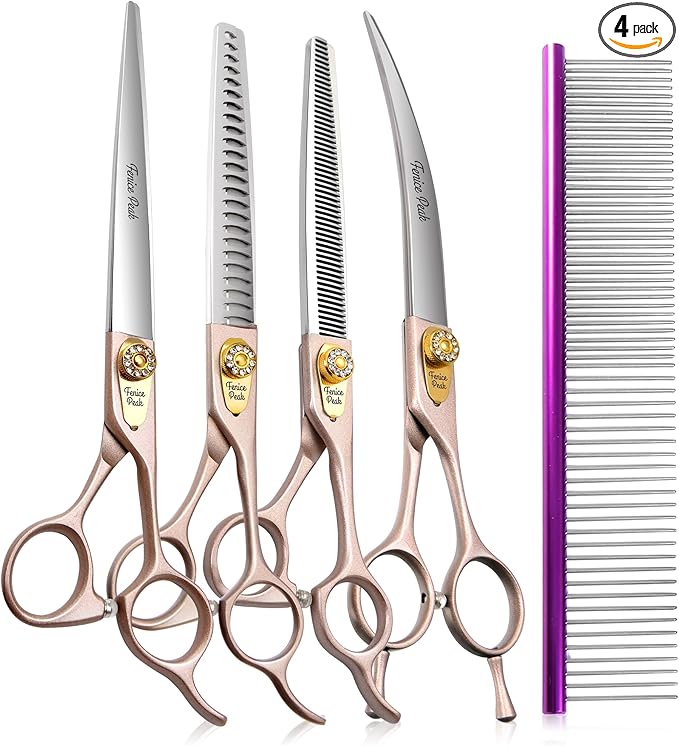 Fenice Peak 8‘’ Professional Dog Grooming Scissors Set Rose Gold 440C Stainless Steel Straight Thinning Curved Chunker Shears 4pcs Set for Pet Grooming Services Dogs and Cats-Mewly Pet