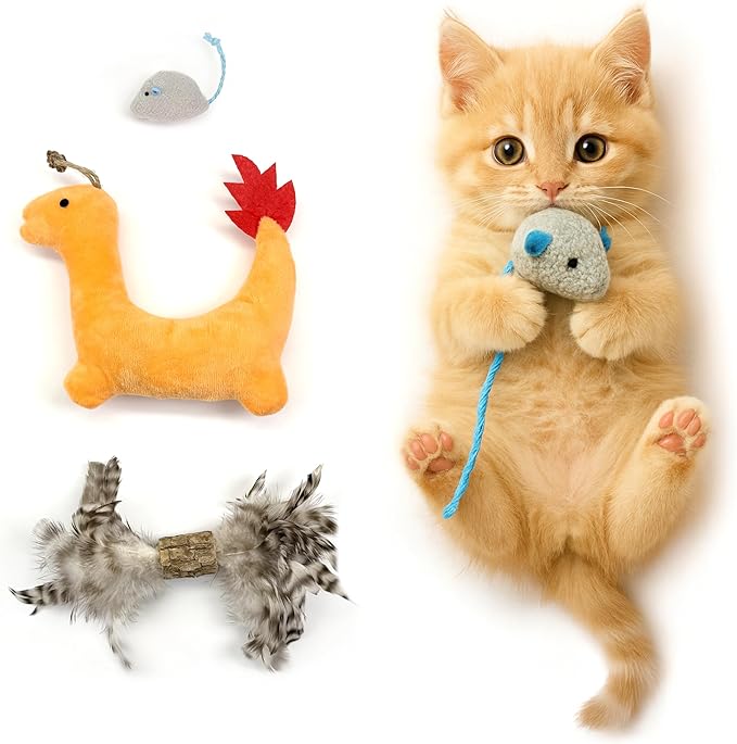 Catnip Toys 3 Pack – Plush Catnip Toy with Gall Fruit & Silvervine Stick with Feathers, Interactive Chew & Kick Toys for Indoor Cats, Relieve Stress & Encourage Exercise-Mewly Pet
