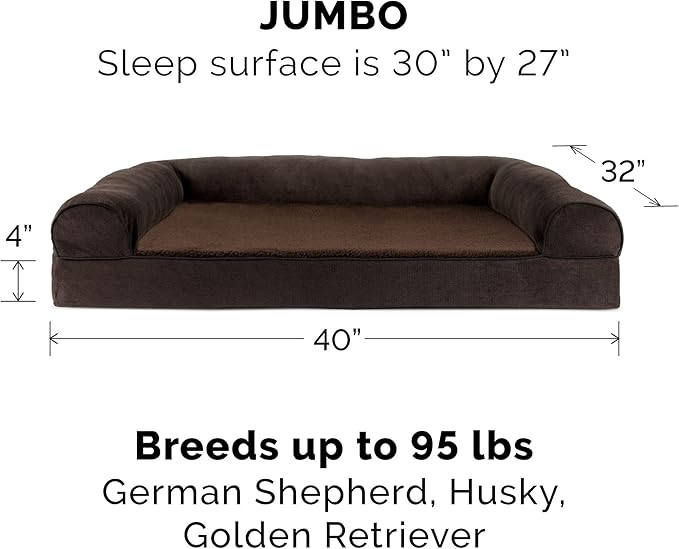 Furhaven Orthopedic Dog Bed for Large Dogs w/ Removable Bolsters & Washable Cover, For Dogs Up to 95 lbs - Sherpa & Chenille Sofa - Coffee, Jumbo/XL-Mewly Pet