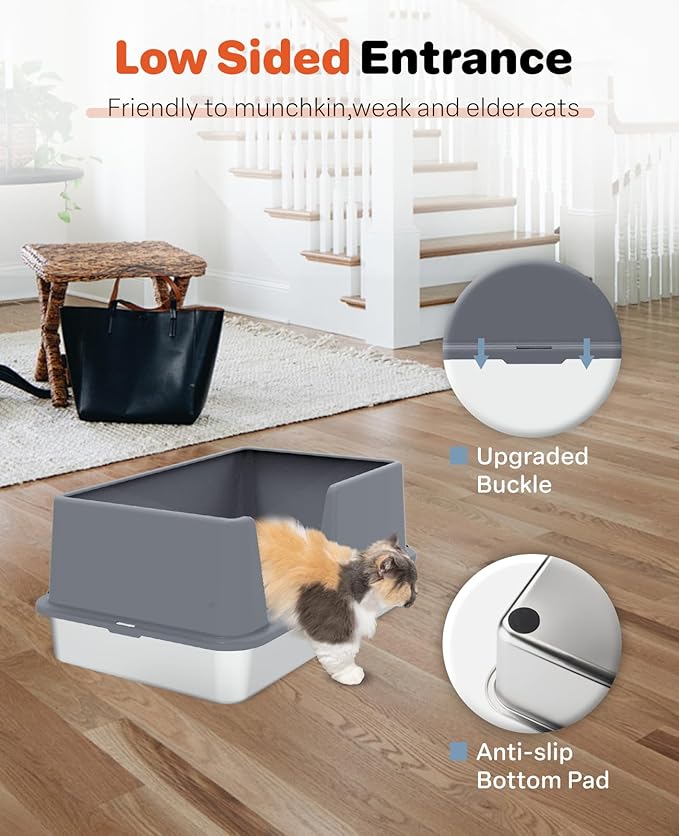 Stainless Steel Litter Box with Lid, 23.5" L x 15.8" W x 10.5" H, Large Metal Cat Box for Big Cats, High Sided Kitty Litter Box with Scoop & Pee Pads, Non-Sticky, Anti-Leakage, Easy to Clean (Gray)-Mewly Pet