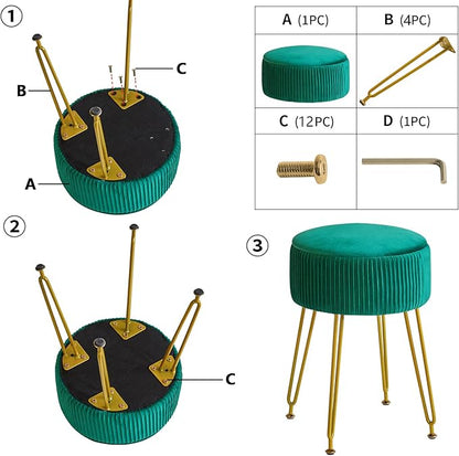 IBUYKE Velvet Storage Footrest Stool Ottoman, Makeup Vanity Stool Side Table with Golden Steel Legs Removable Cover, Coffee Table Top Cover, Green LG-20L