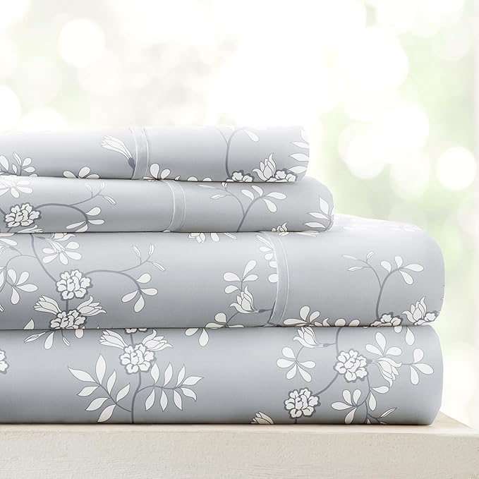 Linen Market 4 Piece King Sheet Set - Breathable, Double-Brushed Patterned Cooling Sheets – Oeko-TEX Certified Ultra Soft & Wrinkle-Free 16" Deep-Pocket King Sheets - Easy Care Trellis Vine Gray