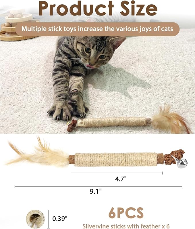 Tocirelo Kitten Chew Toys Teething - 6Pack Natural Silvervine Sticks for Cats, Matatabi Cat Feather Toy Chew Sticks, Cat Teeth Cleaning Treats for Indoor Bored Kitten-Mewly Pet