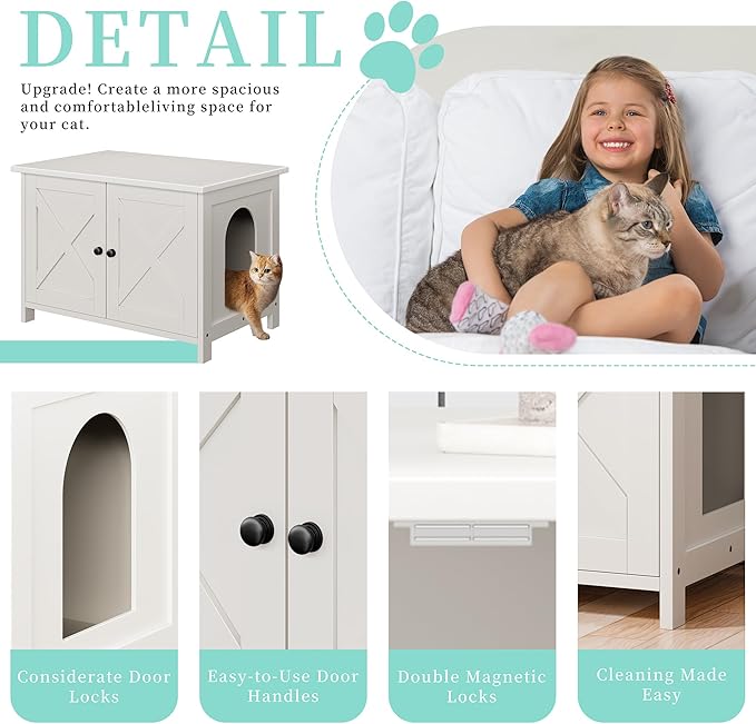 Vongrasig Cat Litter Box Enclosure,Litter Box Furniture Hidden with Barn Door,Wooden Cat Washroom Furniture,Cat House,End Table, Fit Most of Litter Box, White-Mewly Pet