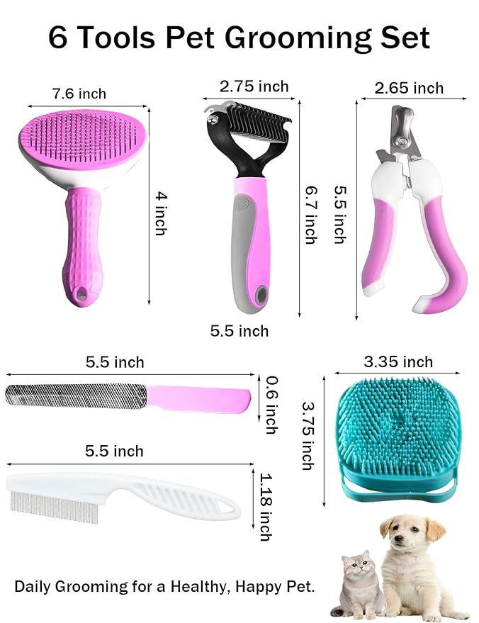 6ps Dog Cat Brush Grooming Kitf, Dog Cat Brushes, Bath Brush, Dematting Rake and Comb, Nail Clipper, Nail File, Flea Comb (Pink 6 Kits)-Mewly Pet