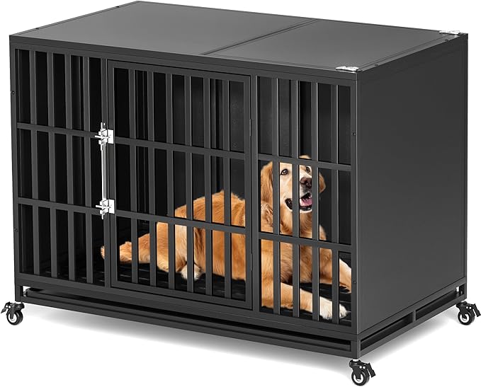 48 inch Heavy Duty Dog Crate with Self-Locking Latch, Indestructible Large Steel Kennel with Enclosed Design, Escape-Proof and Chew-Proof Pet Cage for High Anxiety Dogs-Mewly Pet