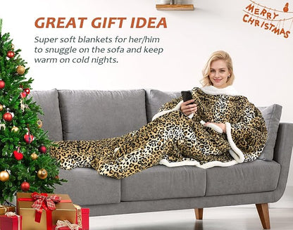 Catalonia Sherpa Wearable Blanket with Sleeves & Foot Pockets for Adult Women Men, Comfy Snuggly Wrap Sleeved Throw Blanket Robe, Gift Idea, Cheetah