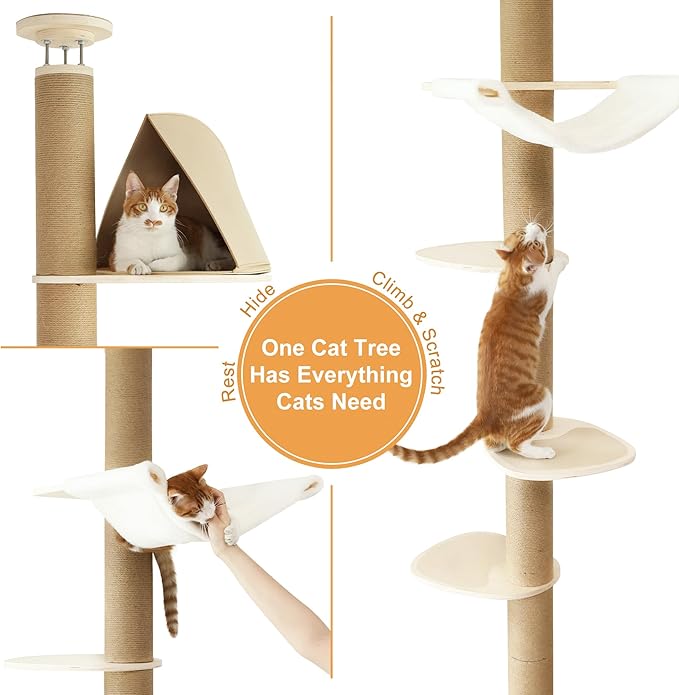 FUKUMARU Floor to Ceiling Cat Tree, 6 Level Adjustable Height (6-10 ft) Climbing Tower with Thickened Scratching Posts, Cats Activity Center with Cozy Hammock - Beige-Mewly Pet