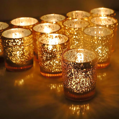 VOHO Gold Votive Candle Holders Set of 12, Gold Candle Holders Bulk for Wedding Table Centerpiece, Mercury Glass Tealight Candle Holder for Home Party Decoration (2.1'' x 2.6'', W/H)