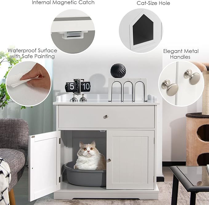 PETSITE Cat Litter Box Enclosure, Large Cat Washroom End Table with Drawer & 2 Doors, Wooden Cat House Storage Cabinet, Hidden Litter Box Furniture, White-Mewly Pet