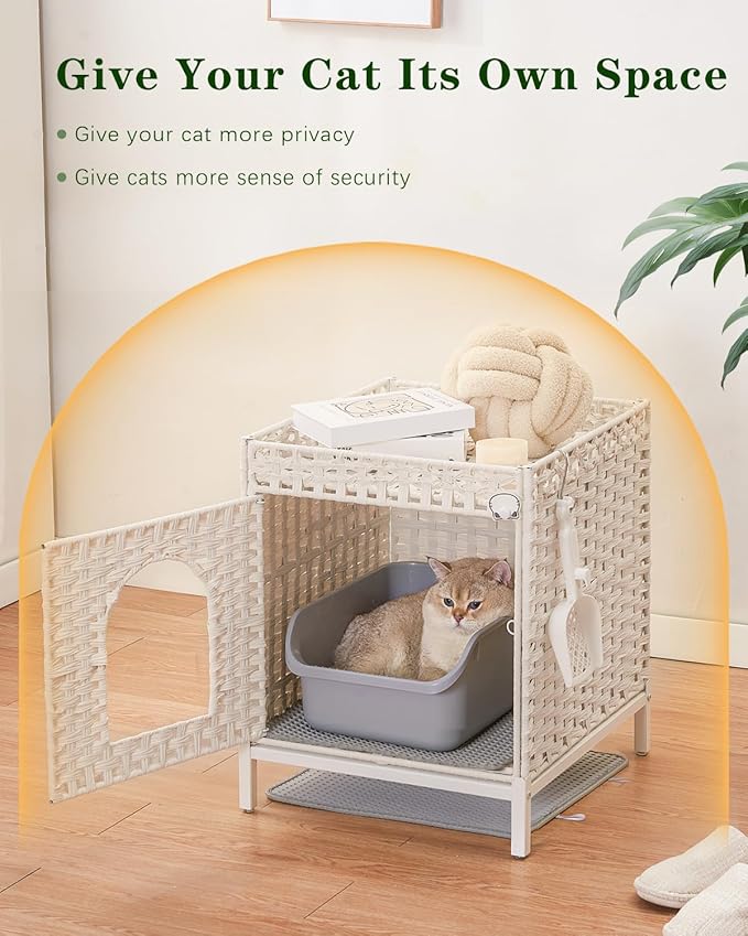 Cat Litter Box Enclosure Hidden Litter Box Furniture with Metal Heightened Feet, Rattan Handwoven Cat House with Litter Mat, Hidden Litter Box Furniture for Bedroom Living Room White-Mewly Pet