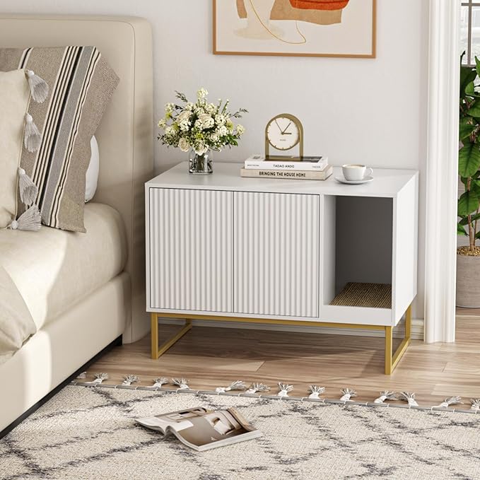 Cat Litter Box Enclosure, Fluted Hidden Litter Box Furniture with Scratch Pad and Metal Legs, Modern Enclosed Cat Cabinet, 31.5 x 17.7 x 21.7 Inches Indoor Pet House for Living Room, Washroom, White-Mewly Pet