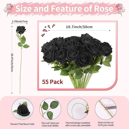 52 PCS Black Artificial Roses Bulk, Fake Artificial Flowers Bridal Bouquet Silk Faux Rose with Stems for Wedding Flowers Decoration, Valentine's Day, Bridal Bouquet, Anniversary, Home Decor (52PCS)