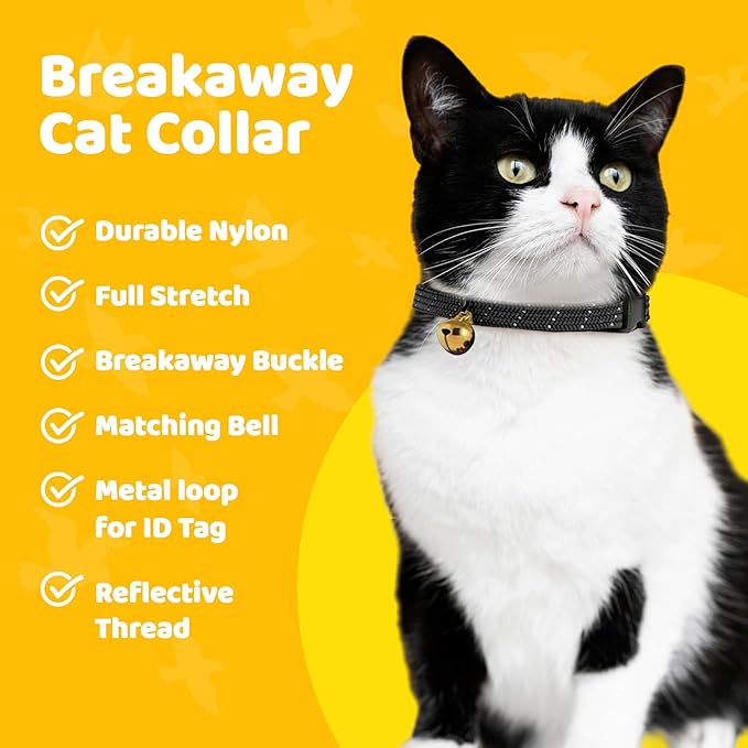 BirdsBeSafe® Break Away Cat Collar with Bell, Reflective Thread for Night Visibility, Comfortable Elastic Stretch Cat Collar to Protect Cat from Getting Stuck in The Garden.-Mewly Pet