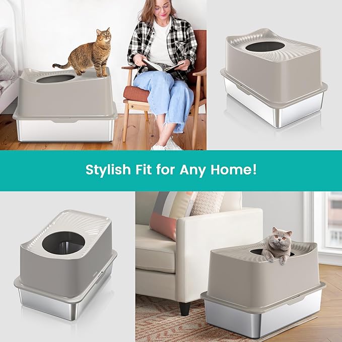 Stainless Steel Cat Litter Box, XL Top Entry Litter Box for Big Cats, Enclosed Large Cat Box with High Wall, Metal Cat Litter Pan Never Absorbs Odors, Easily Cleaning, Include Scoop-Mewly Pet