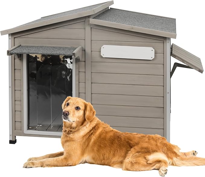 43" L Outdoor Extra Large Dog House with Removable Floor, Raised Feet, Anti-Chewing Iron Frame – Wooden Kennel with Asphalt Roof, Window for Indoor/Outdoor Use, Ideal for Medium to Large Dogs-Mewly Pet