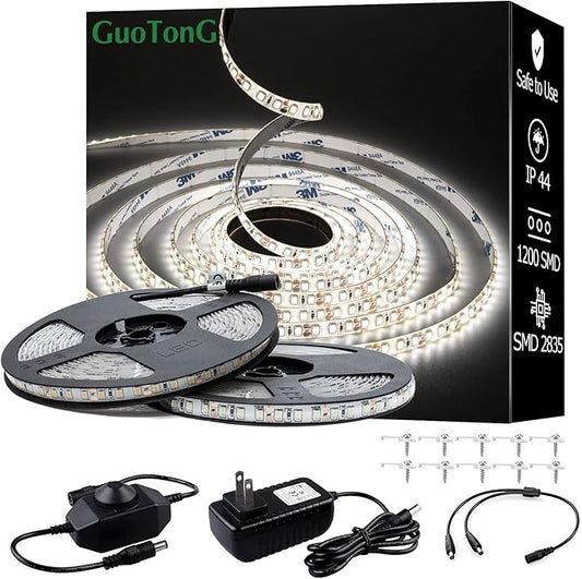 White LED Strip Lights, IP44 Waterproof 2835 LED Lights, 6000K 12V 65.6ft/20m Flexible Ribbon, Kitchen Cabinet Lighting, Outdoor/Indoor (White)