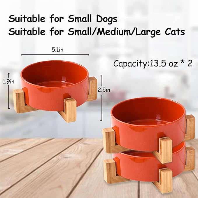 Petygooing Ceramic Dog Bowl Set with Stand,Small Dog Bowls,Cat Dog Food and Water Bowl,Anti -Slip Set of 2 Cat Dog Bowls-Dog Food Bowls- Dog Bowls Small Size Dog 13.5 OZ (5.1In / 1.7 Cups) Rust Red-Mewly Pet
