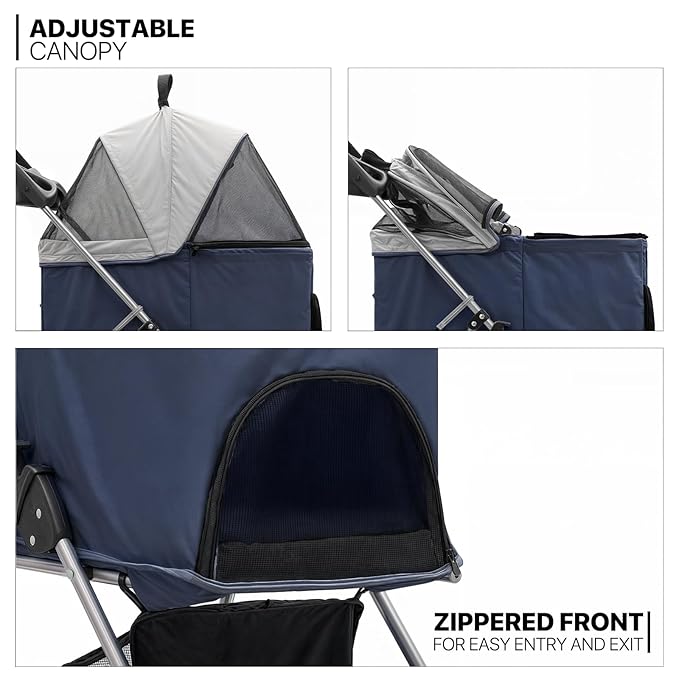 MoNiBloom 3 in 1 Foldable Pet Stroller for Small & Medium Dogs, Detachable Carrier, Car Seat, Push Button Entry, 4-Wheel Jogger for Pets up to 33 lbs, Navy Blue-Mewly Pet