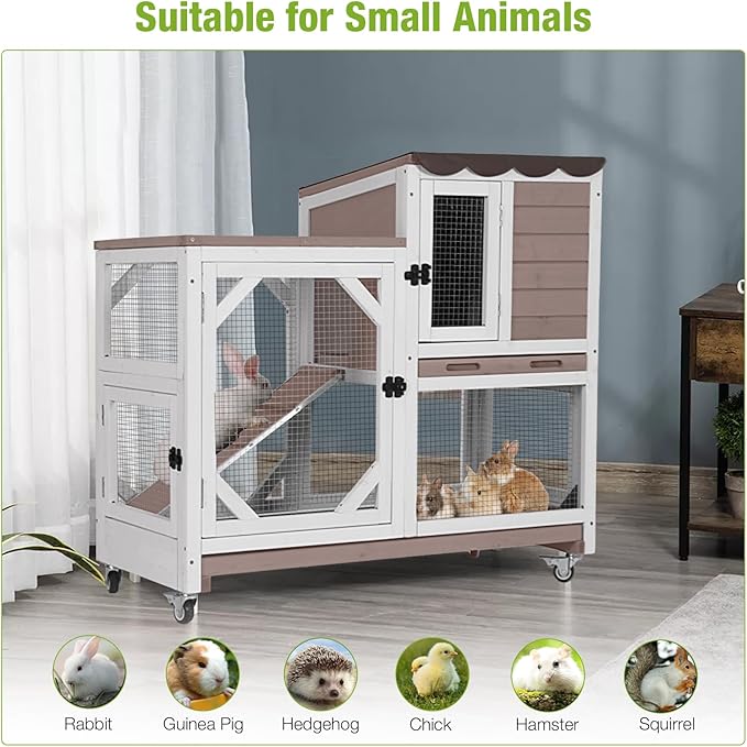 Wooden Rabbit Hutch with Two Story, Bunny Cage with Leak-Proof Trays, and Chew-Proof Ramp, Guinea Pig Cage with Wheels, Suitable for Indoor/Outdoor Use (Brown)-Mewly Pet
