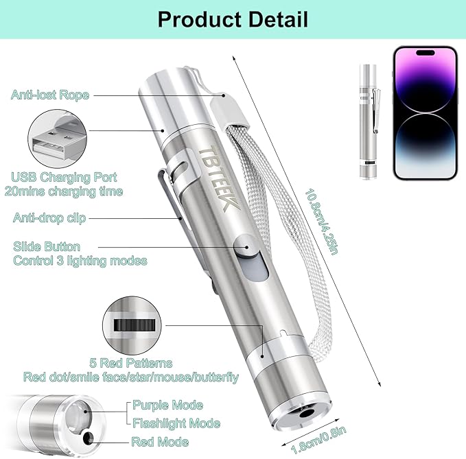 TBTeek Cat Toy, USB Rechargeable Interactive Kitten Toy, 7 Light Modes & Adjustable Patterns, Portable Pet Cat Mouse Toy for Fun Chase Play Exercise (2 Pack)-Mewly Pet