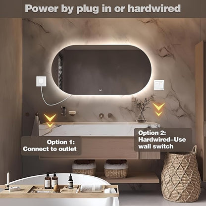 48"x24" Oval Led Mirror for Bathroom, Frameless Vanity Mirror with Lights, Modern Lighted Bathroom Mirror Wall Mounted, Anti Fog Smart Mirror with 3 Colors Dimmable, Vertical/Horizontal