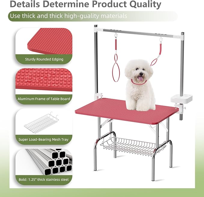 VFK 36''/47''Large Dog Grooming Table, Foldable Pet Station at Home, Dog Grooming Table,Adjustable Cat Drying Desktop with Arms, Nooses, Mesh Tray (Stainless Steel pet Table, 36" Pink)-Mewly Pet
