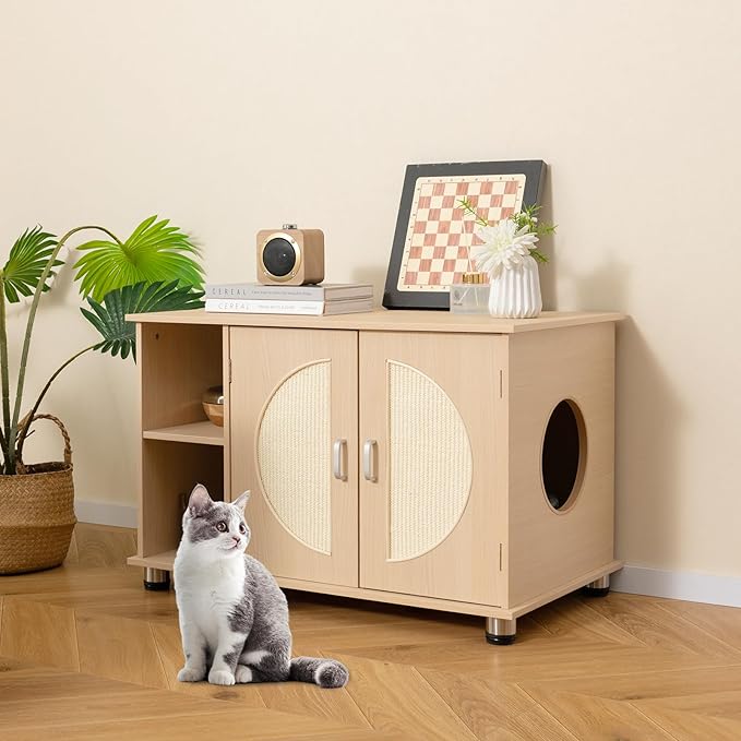 Tangkula Litter Box Enclosure, Hidden Cat Washroom with Storage Shelf, Sisal Scratching Doors, Adjustable Metal Feet, Modern Cat Litter Cabinet Storage Bench, Enclosed Litter Box Furniture (Natural)-Mewly Pet